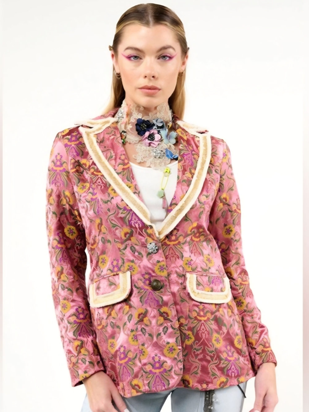 Aratta Floral Pink Velvet Blazer Jacket - Women's